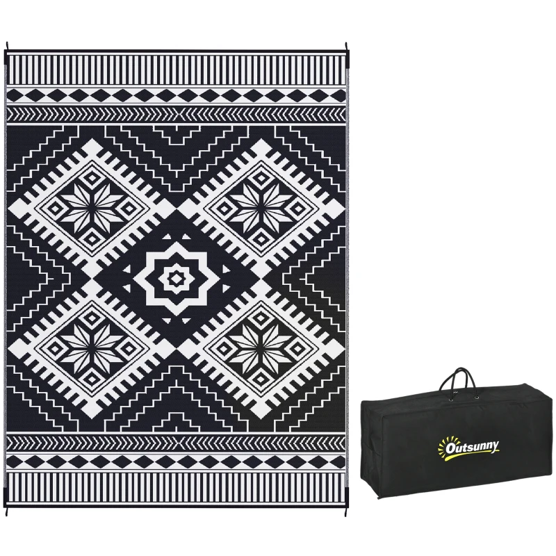 Outsunny 9' x 12' Outdoor RV Rug, Reversible Patio Floor Mat with Carry Bag, Toothed Rhombus, White and Black