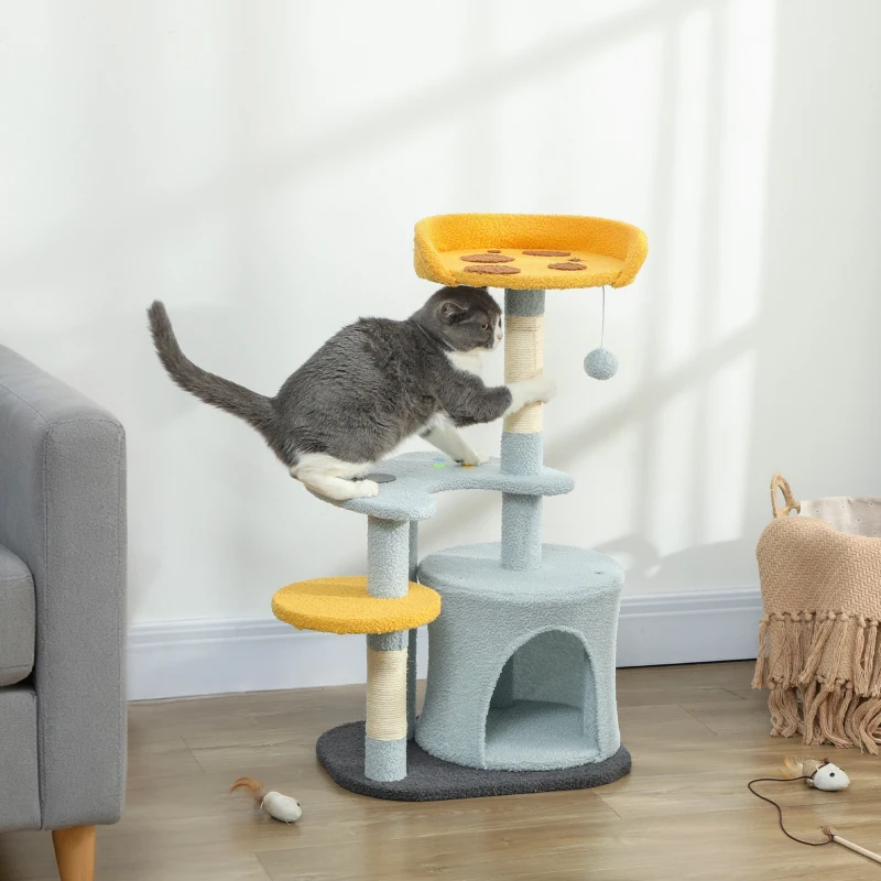 PawHut Cat Tree for Indoor Cats, 31.5 inch Cat Tower with Plush Perch, Platform, Condo, Scratching Post and Toy Ball, Blue