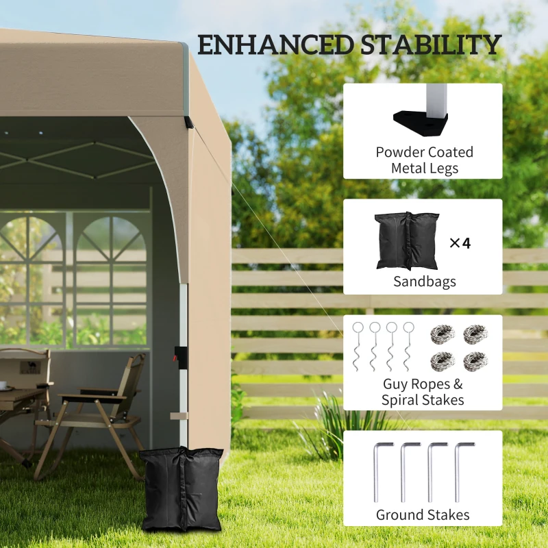 Outsunny 9.6 x 9.6 ft Pop Up Canopy Tent with 3 Sidewalls, UPF 50+ 1-Button Push Easy Setup Outdoor Instant Canopy, Khaki