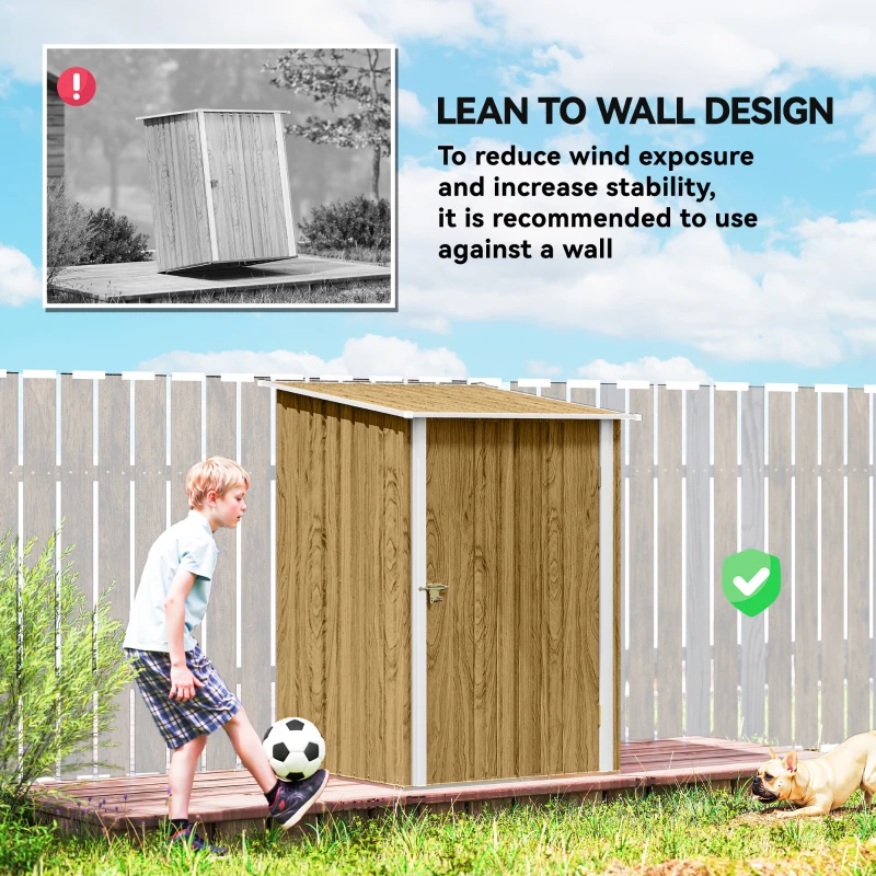 Outsunny 3.3' x 3.4' Lean-to Garden Storage Shed, Outdoor Galvanized Steel Tool House with Lockable Door for Patio Light Brown