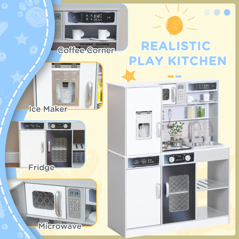 Qaba Play Kitchen, Kids Kitchen Playset w/ Lights, Sounds, Running Water, Coffee Machine, Ice Maker & Microwave for 3-8 Years