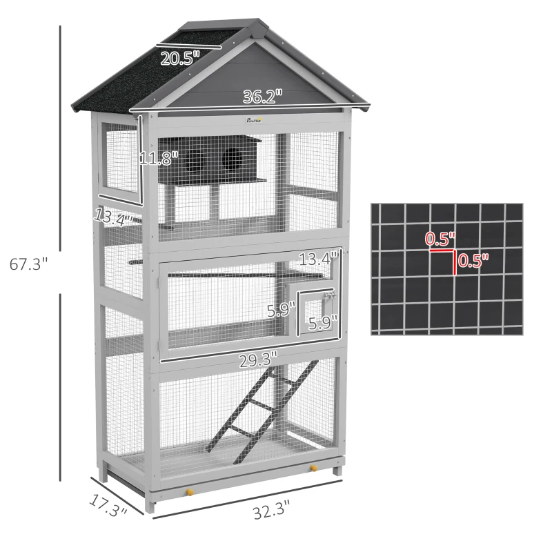 PawHut Wooden Bird Aviary with Slide-Out Tray, Birdhouse, Ladder, Perches for Finches, Parakeets, Gray