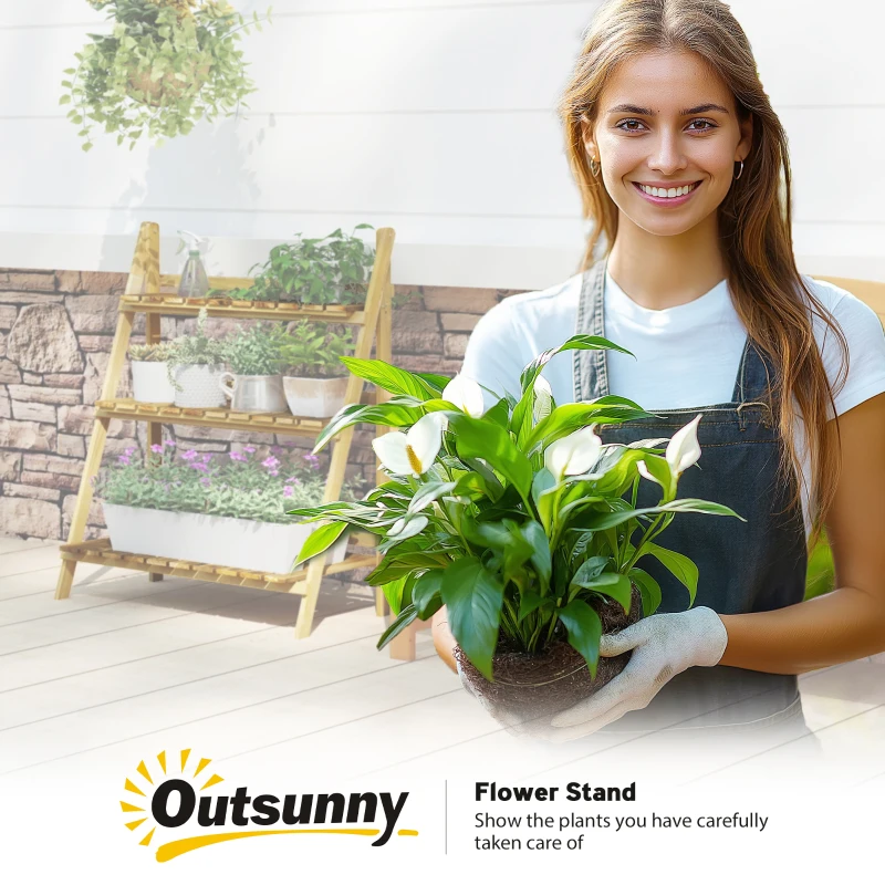 Outsunny Outdoor Plant Stand, Foldable 3-Tier Wooden Plant Shelf