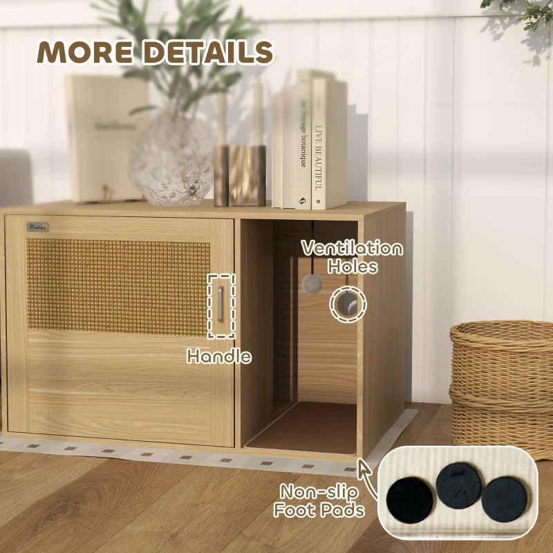 PawHut Boho Style Cat Litter Box Enclosure with Rattan Door, Scratching Mat, Non-slip Foot Pads, 31.5" x 20" x 20"
