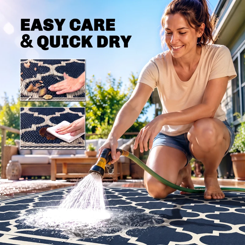 Outsunny Reversible Outdoor Rug, 9' x 12' Waterproof Plastic Straw Floor Mat, Portable RV Camping Carpet, Blue & White(m-5)