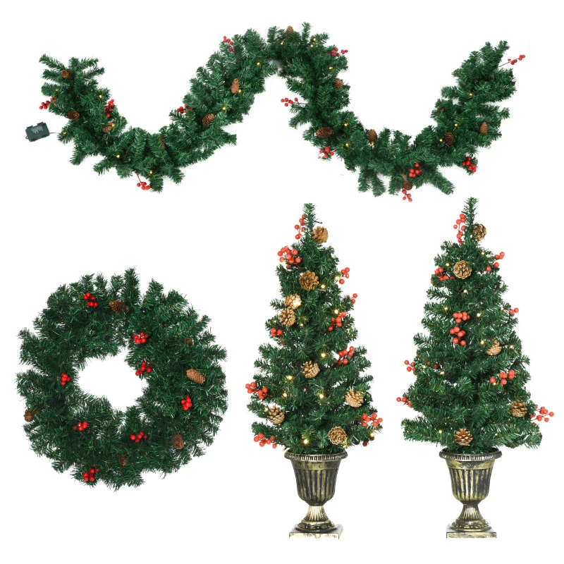 HOMCOM Prelit Holiday Christmas 4-Piece Set, Garland Wreath and Set of 2 Entrance Trees with Warm White LED Lights, Green