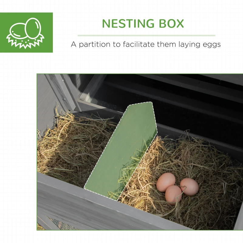 PawHut 79" Wooden Chicken Coop, Outdoor Hen House, Poultry Habitat with Removable Tray, Nesting Box, Run, Ramp, Grey