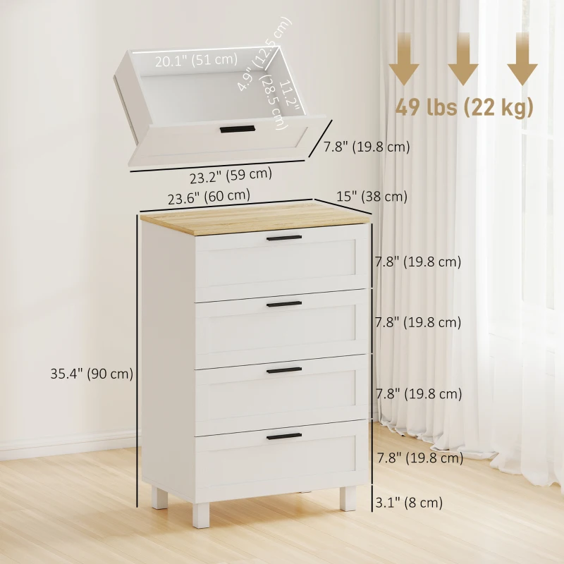HOMCOM Dresser for Bedroom with 4 Drawers, Chest of Drawers with Solid Wood Legs for Closet, Living Room, Entryway, White