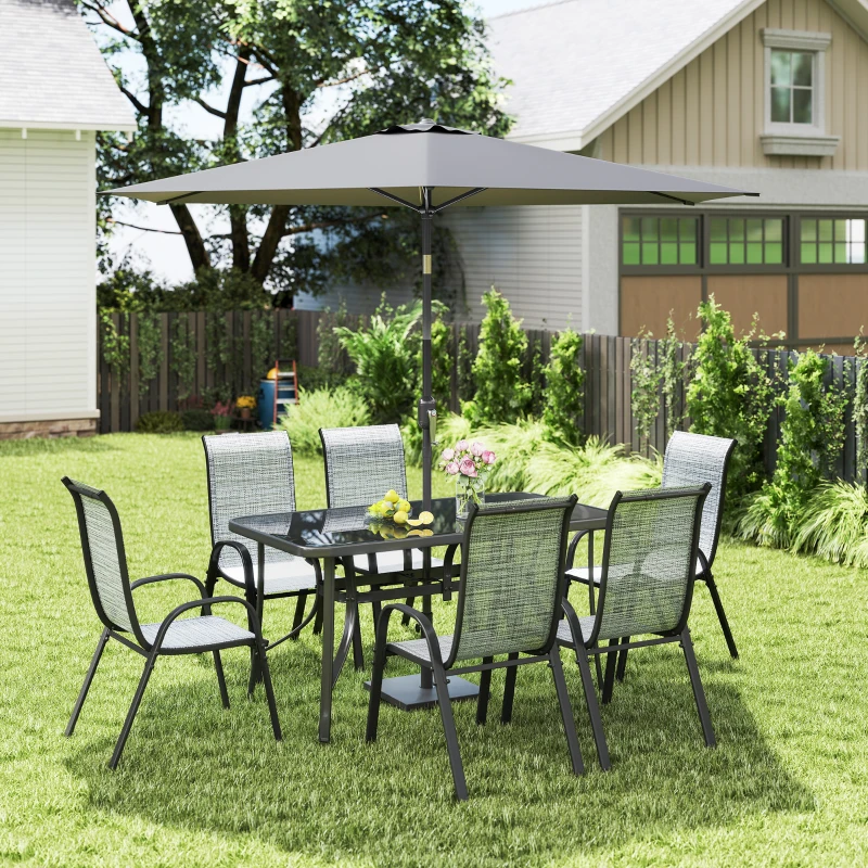 Outsunny 8 Pieces Patio Furniture Set with 9Ft Patio Umbrella, Outdoor Dining Table and Chairs, Mixed Gray