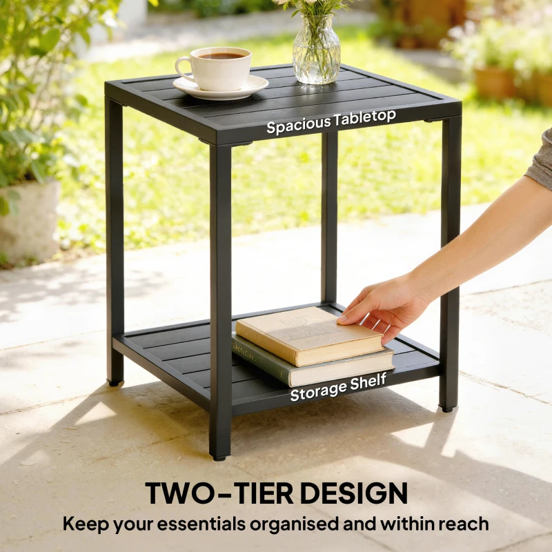 Outsunny Outdoor Coffee Table 2-Tier Patio Coffee Table with Storage Shelf, Adjustable Feet for Garden Balcony Poolside Black