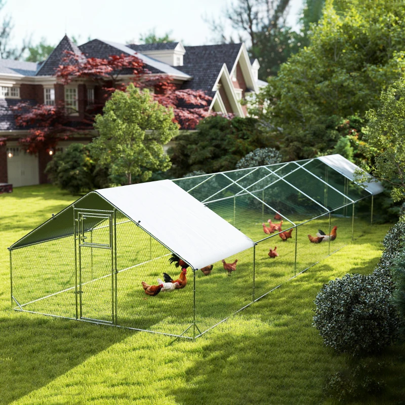 PawHut Metal Chicken Coop with Water- and UV-Protection Cover for Backyard Hen, Duck, Rabbit, 39.4' x 9.8' x 6.4'
