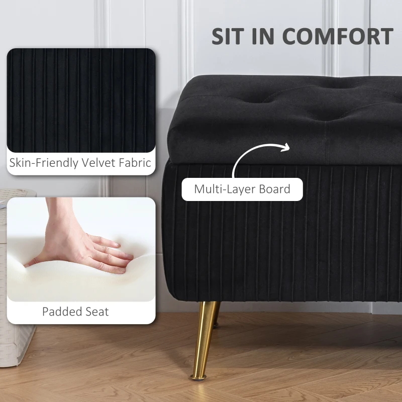 HOMCOM Storage Ottoman Bench, 43 Inch Large Storage Chest with Steel Legs and Padded Seat, Foot Rest, Load 485 lbs, Black