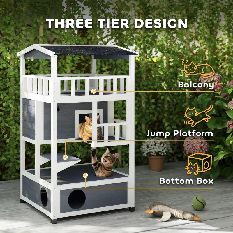 PawHut Wooden Outdoor Cat House, Feral Cat Shelter Kitten Condo with Asphalt Roof, Escape Doors, Condo, Jumping Platform, Gray