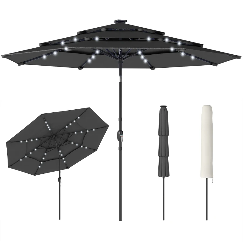 Outsunny 9.7 ft Outdoor Patio Umbrella with Solar LED Lights, 3 Tier Outdoor Table Umbrella with Tilt, Crank, Black