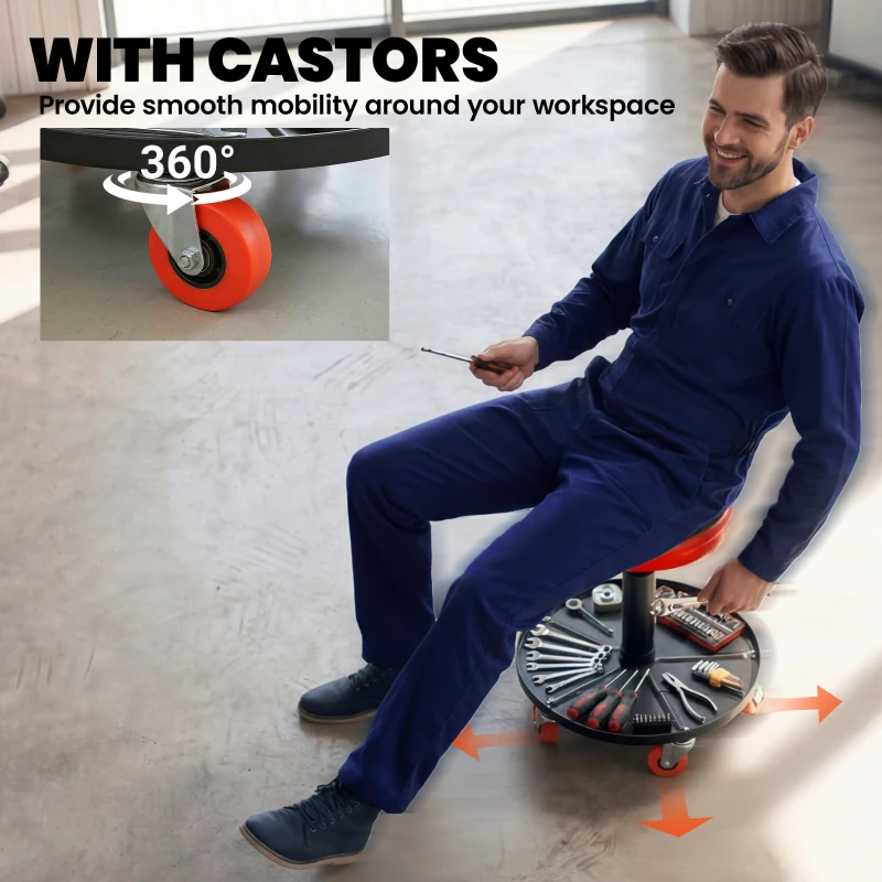 HOMCOM Shop Stool, Pneumatic Adjustable Mechanic Stool, with Tool Tray, Wheels - Orange