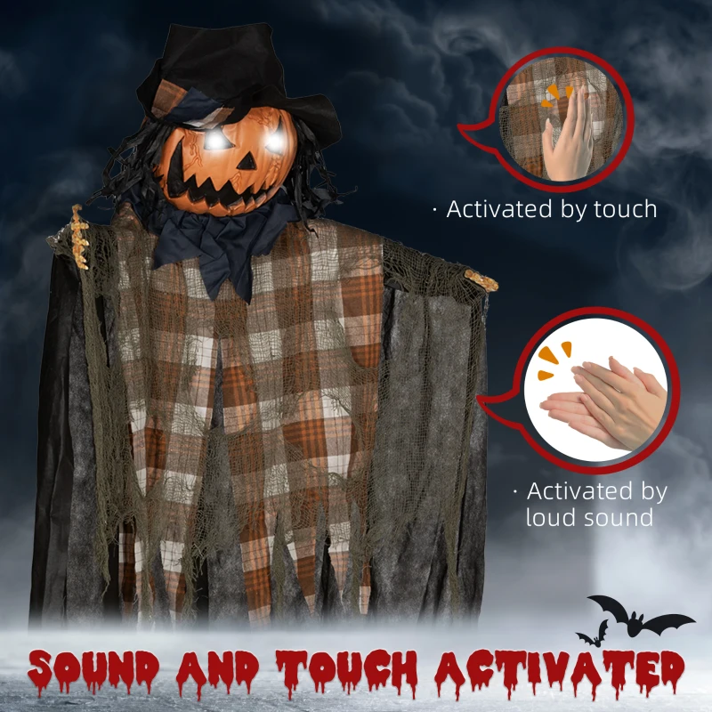 HOMCOM 6' Life Size Outdoor Halloween Hanging Pumpkin Ghost w/ Light Up Eyes, Sound Activated Prop w/ Creepy Speaking Sounds