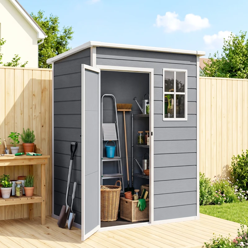 Outsunny 5 x 3FT Garden Shed with Floor, Outdoor Storage Shed with Lockable Door, Window and Vent for Backyard, Patio, Grey