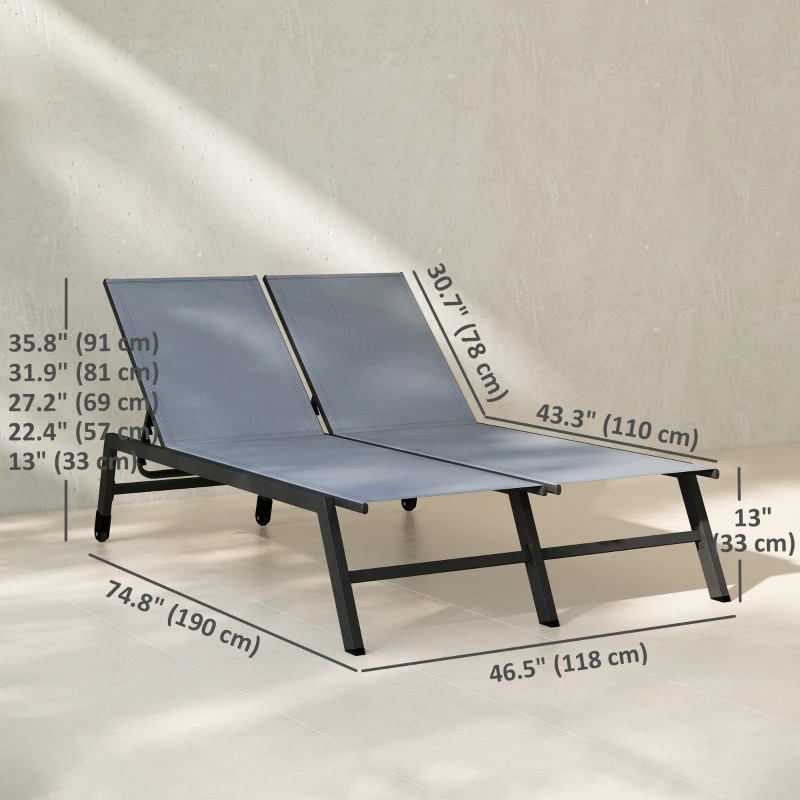 Outsunny Chaise Lounge Chair for 2 Person, Outdoor Lounge Chair with 5-Position Adjustable and Wheels
