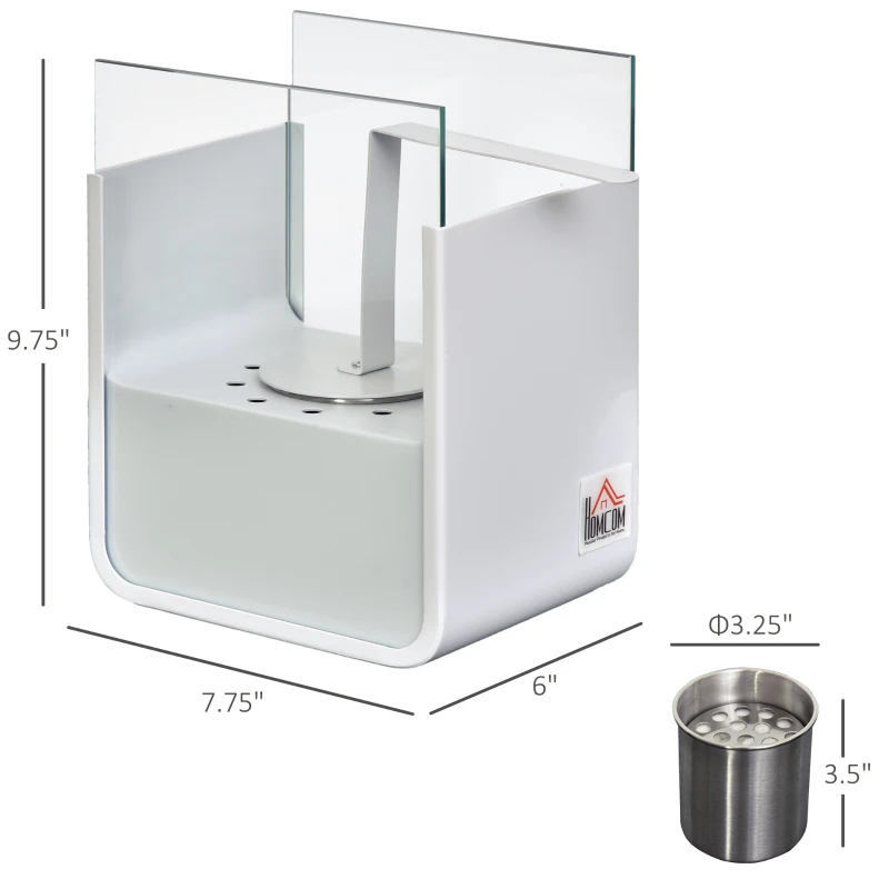 HOMCOM Ethanol Fireplace, 7.75" Tabletop 0.10 Gal, Stainless Steel, Burns up to 2 Hours, White