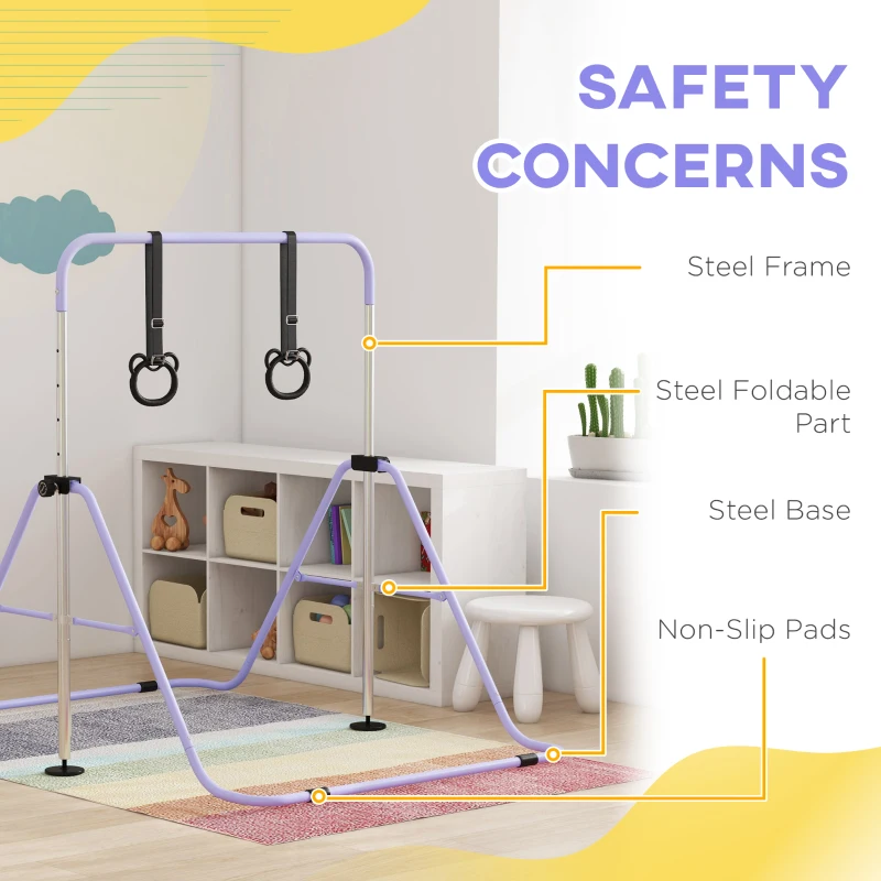 Qaba Kids Gymnastics Bar, Adjustable Height Folding Horizontal Bar with Gymnastics Rings, Non-slip Rubber Floor Rings, Purple