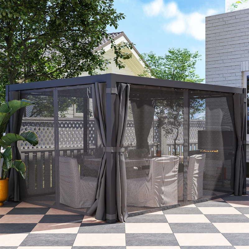 Outsunny 10' x 13' Outdoor Retractable Pergola w/ Sun Shade Louvered Top, Pergola w/ Canopy, Curtains, Netting, Dark Gray