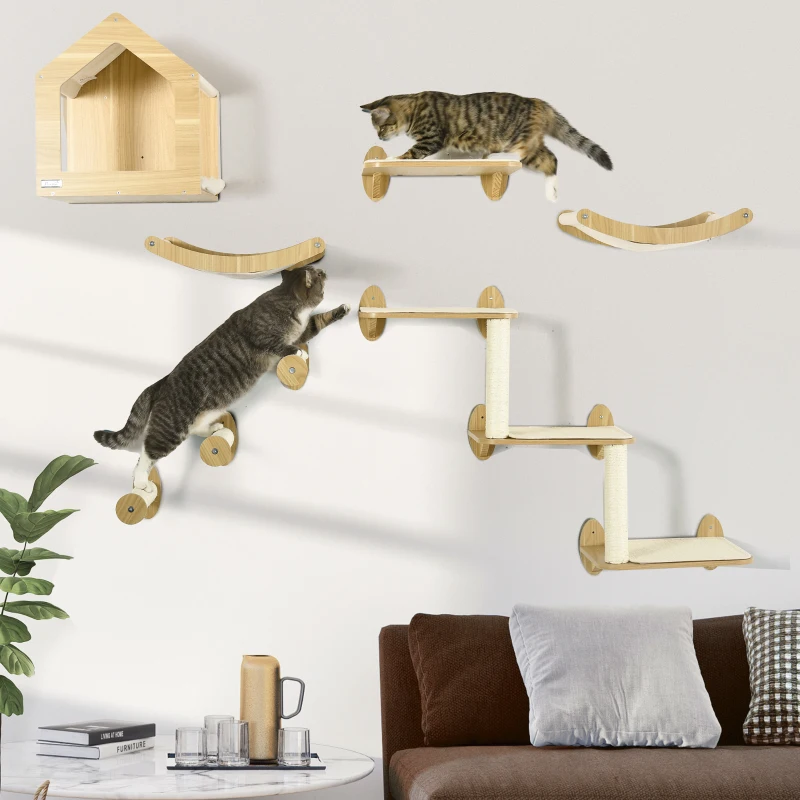 PawHut 8PCs Cat Wall Shelves Pet Wall-mounted Climbing Shelf Set with Cushion Condo Scratching Posts Hammock Oak