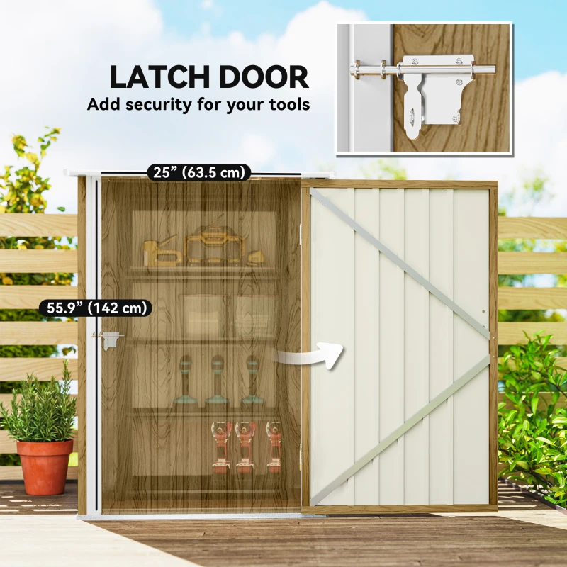 Outsunny 3.3' x 3.4' Lean-to Garden Storage Shed, Outdoor Galvanized Steel Tool House with Lockable Door for Patio Light Brown