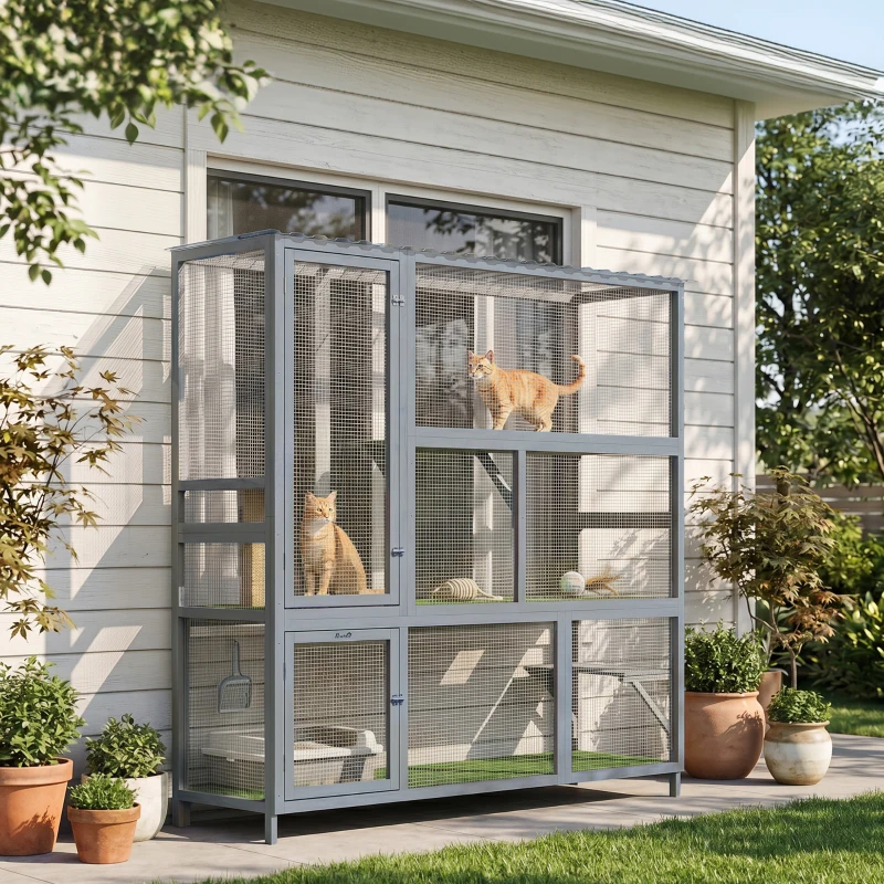 PawHut Catio Outdoor Cat Enclosure, 77" H Wooden Cat House with Weatherproof Roof, Platforms and Scratching Post