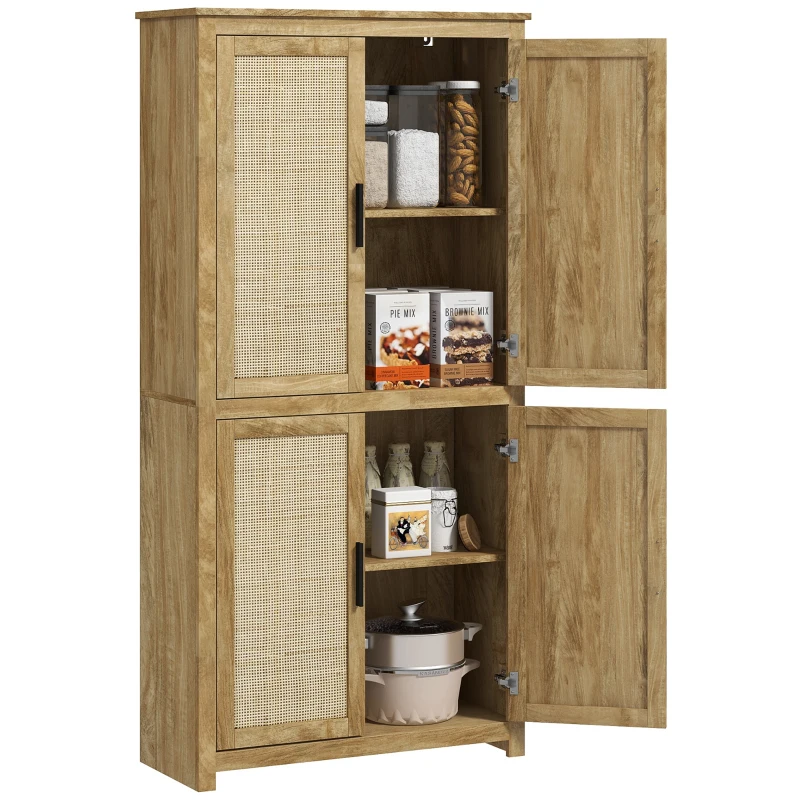 HOMCOM 64" Kitchen Pantry, Tall Storage Cabinet with 4 Rattan Doors, 4 Tier Shelves and Adjustable Shelf, Natural