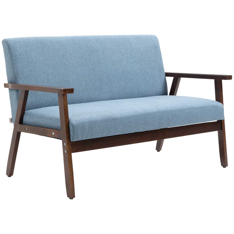 HOMCOM Compact Loveseat Sofa Couch Linen Fabric Double Seat Sofa with Rubber Wood Legs Blue
