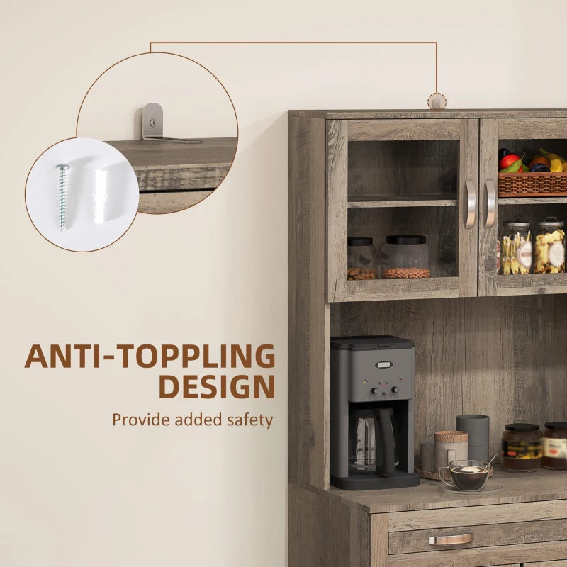 HOMCOM 67" Buffet with Hutch, Modern Kitchen Pantry, Freestanding Cabinet with Glass Doors, Shelves and Drawers, Gray