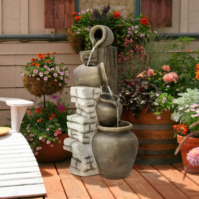 Outsunny Wine Jars Outdoor Waterfall Fountain with Adjustable Flow, 4-Tier Rustic Resin Cascading Water Fountain, Decorative Backyard Water Feature for Zen Garden, Deck, Porch