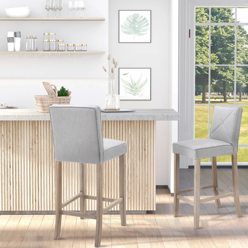 HOMCOM Bar Stools Set of 2, Upholstered Bar Height Kitchen Stools with Build-in Footrest, Solid Wood Legs, Beige