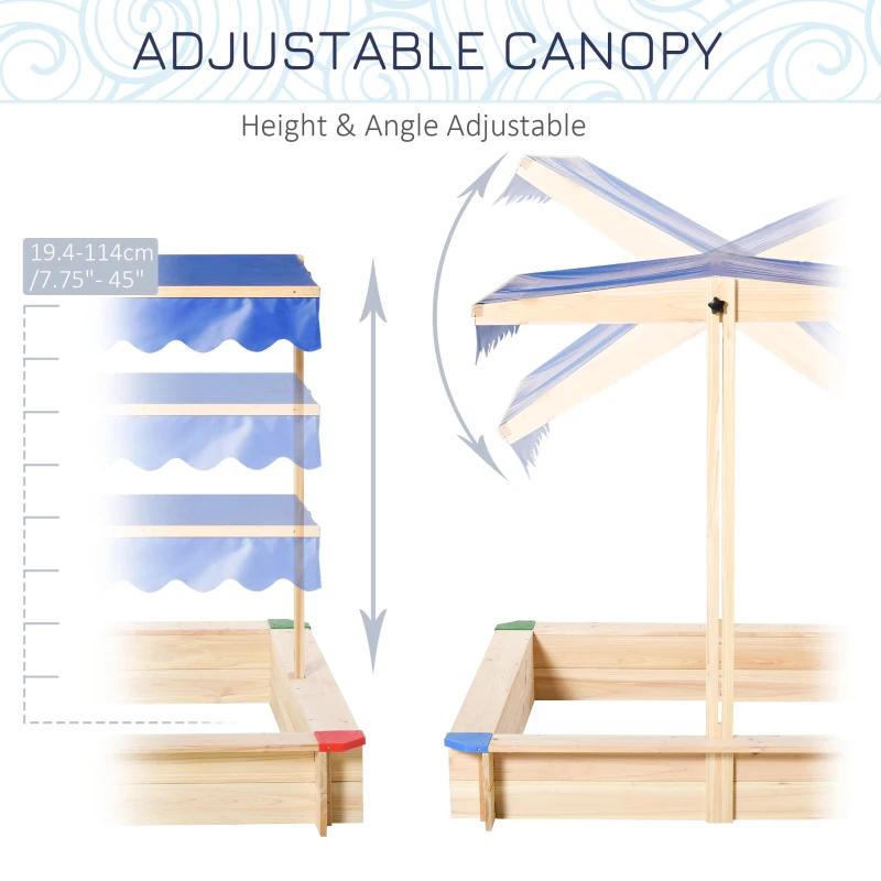 Outsunny Wooden Sandbox w/ Adjustable Canopy, Children Outdoor Playset Weather Resistant 47" L x 47" W x 47" H, Natural & Blue