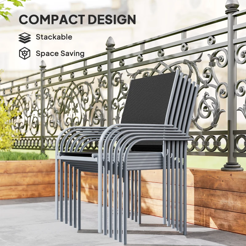 Outsunny 7 Piece Outdoor Patio Dining Set with Table and 6 Stackable Chairs, Steel Frame, Tempered Glass Top, Mesh Seats, Black