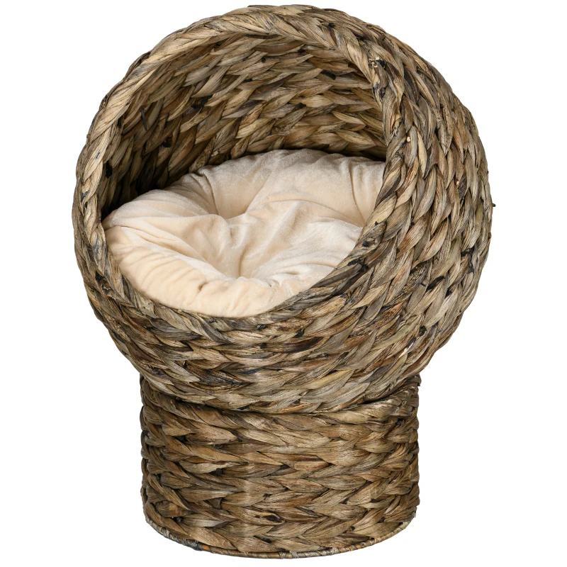PawHut Handwoven Elevated Cat Bed with Soft Cushion & Egg Chair Shape, Basket Bed Kitty House with Stand, Raised Wicker House for Indoor Cats, 20" H, Gray
