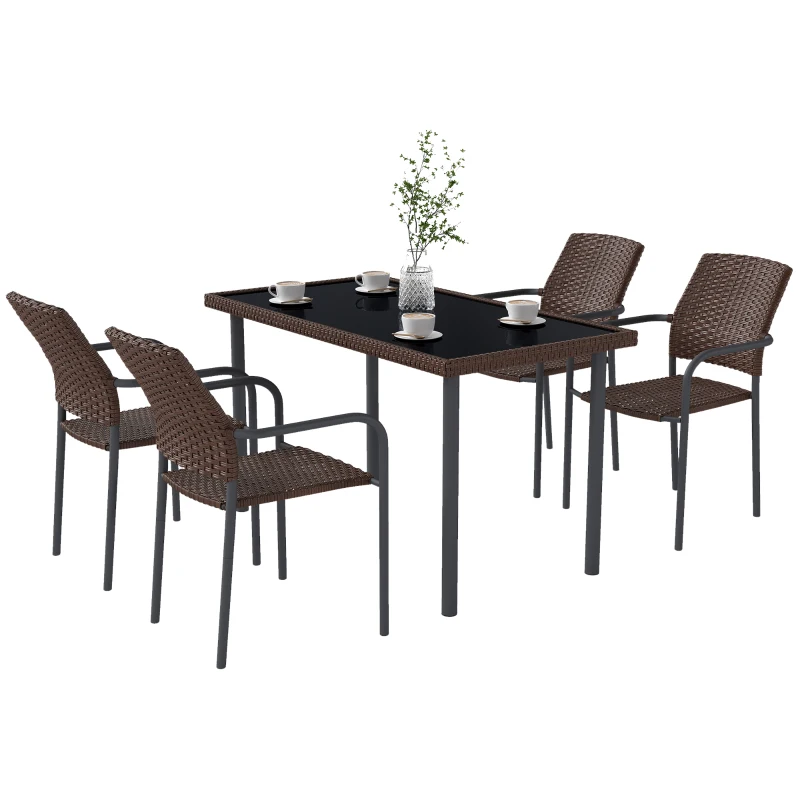 Outsunny 5 Pieces Outdoor Dining Set for 4, PE Wicker Rattan Patio Furniture Set with Stackable Chairs and Glass Table Top