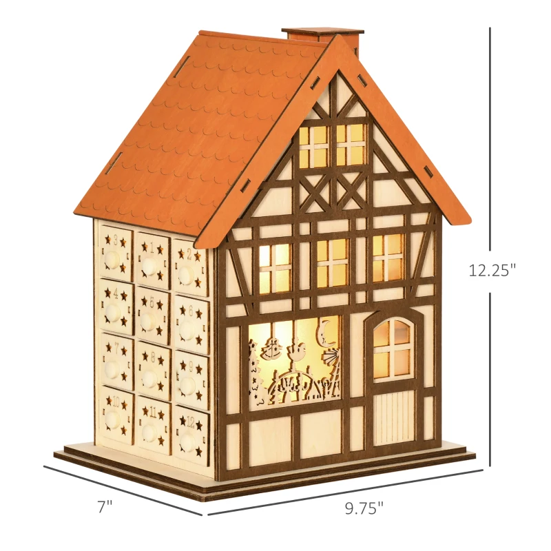 HOMCOM Wooden Christmas Advent Calendar House, Light Up Table Holiday Decoration with 24 Countdown Drawers and LED Lights, for Kids and Adults, Natural and Orange