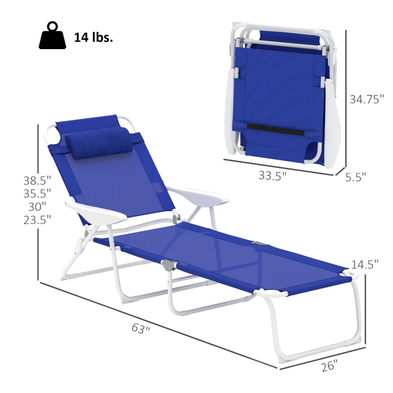 Outsunny Folding Chaise Lounge, Outdoor Sun Tanning Chair, 4-Position Reclining Back, Armrests, Removable Pillow, Blue