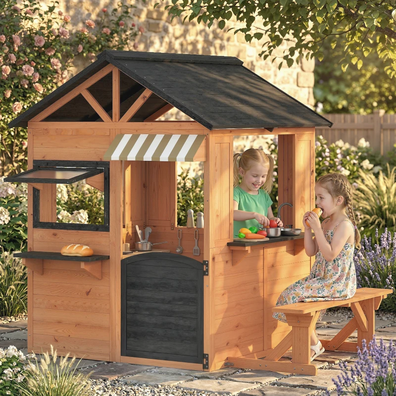 Qaba Wooden Kids Playhouse with Play Kitchen, Picnic Bench, Serving Station, Windows and Door for Backyard, Ages 3–8, Brown