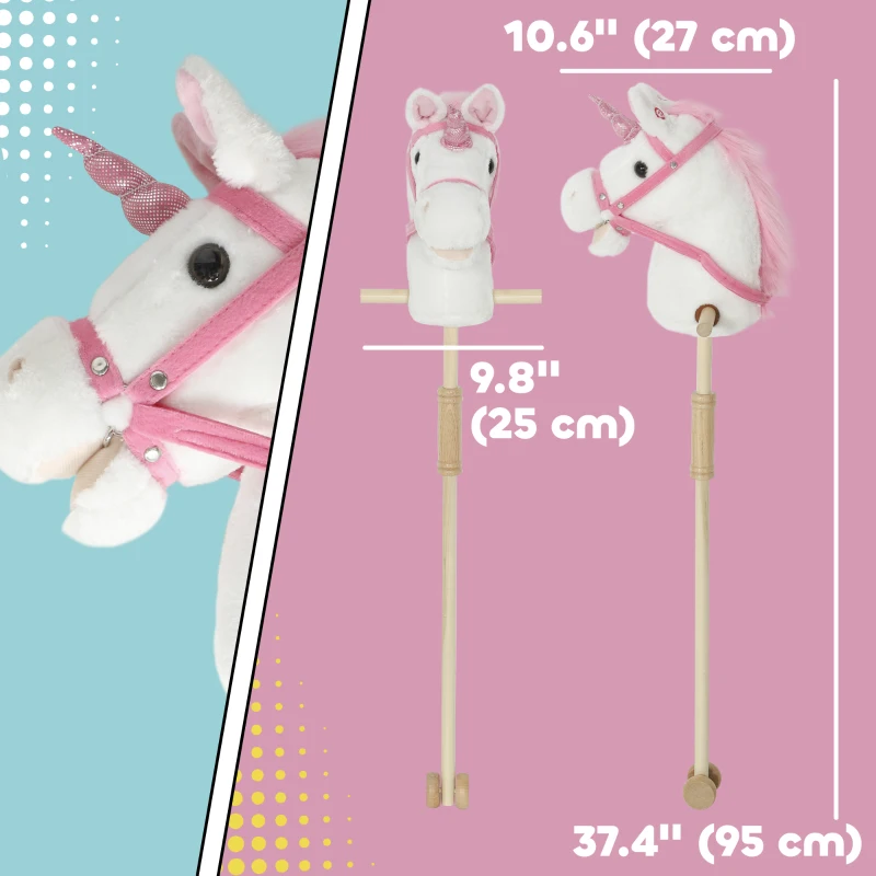 Qaba Unicorn Stick Horse, Plush Hobby Horse with Wood Wheels, Real Pony Neighing and Galloping Sounds, for Kids, White