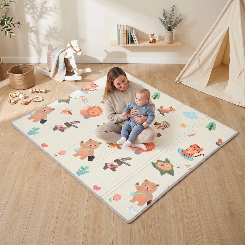 Qaba Foldable & Reversible Baby Play Mat, 79" x 71"Thick Play Mat for Floor, Waterproof Non-Slip, Giraffe & Woodland Animals
