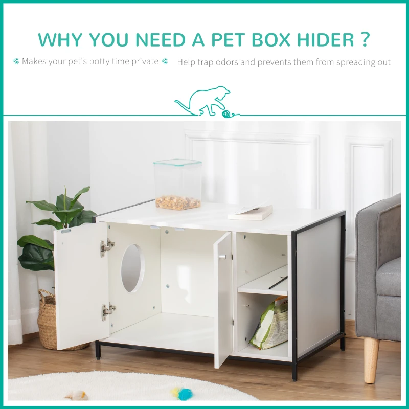 PawHut Large Cat Litter Box Enclosure, Litter Box Furniture Hidden with Magnetic Doors & Storage Shelves, Wooden Cat Washroom Indoor, 33" L x 20" W x 22" H, White