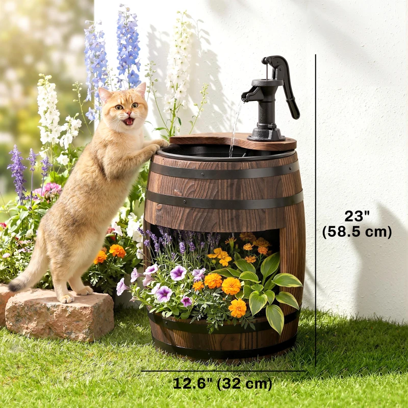 Outsunny Wooden Outdoor Fountain, Electrical Barrel Waterfall with 3600r/min Speed Pump for Patio, Backyard, Carbonized