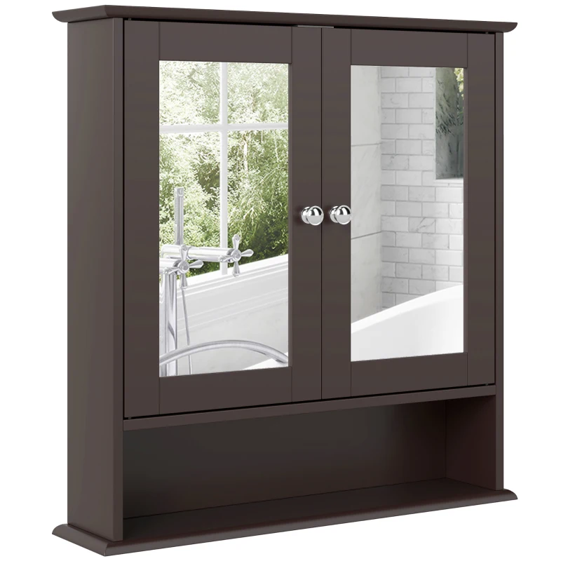 kleankin Medicine Cabinet with Mirror Bathroom Wall Cabinet with Double Doors, Open Shelf, and Adjustable Shelf, Modern Bathroom Wall Cabinet, Dark Brown