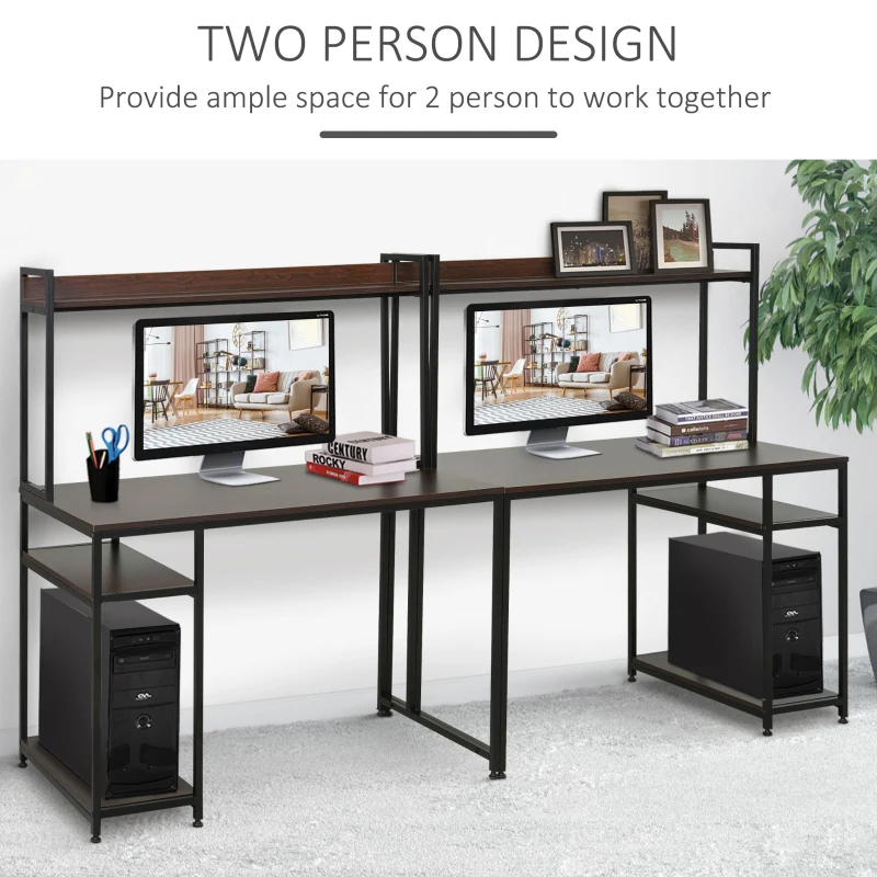 HOMCOM 94.5in Industrial Double Computer Desk with Hutch and Storage Shelves, Extra Long Two Person Home Office Desk, Writing Table Workstation for 2 People with CPU Stand, Brown Wood Grain