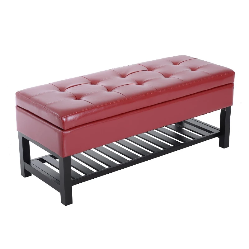 HomCom 44" Tufted Faux Leather Ottoman Storage Bench With Shoe Rack- Crimson Red