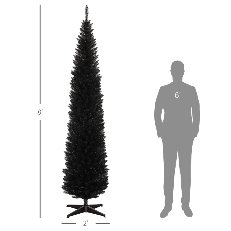 HOMCOM 8ft Unlit Pencil Artificial Christmas Tree with Realistic Branches and 618 Tips, Plastic Base, Black