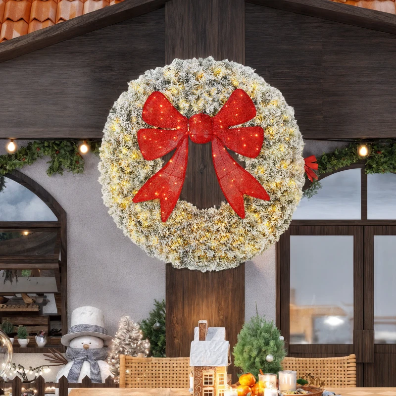 HOMCOM 60in Flocked Pre-Lit Christmas Wreath with 3D Red Bow, 11 Lighting Modes, Front Door Christmas Wreath with Remote
