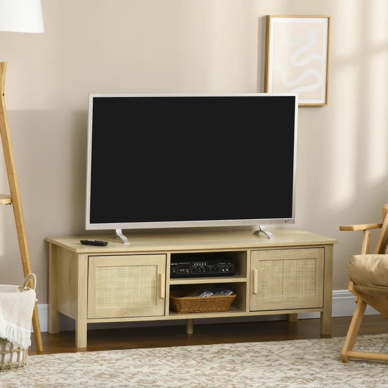 HOMCOM Boho TV Stand for 60 Inch Television, Entertainment Center with Rattan Door, Adjustable Shelf, and Storage Cabinets, Wood TV Console Cabinet for Living Room, Bedroom, Natural Wood